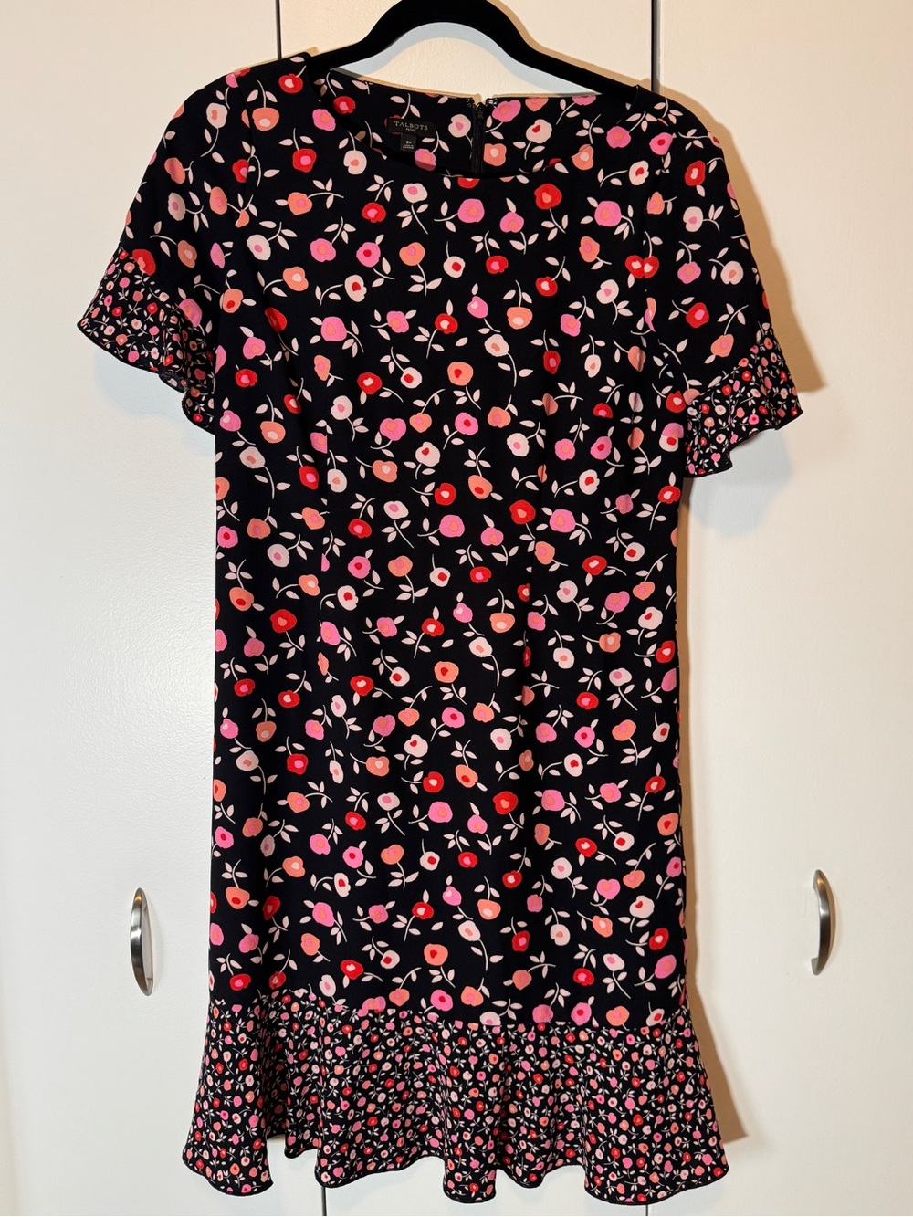 Talbots Black Mini Dress with Pink & Red Floral Print